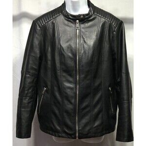 Diashiny Cafe Race Faux Leather Jacket L Blk Zip Up Pockets Lined Biker Moto